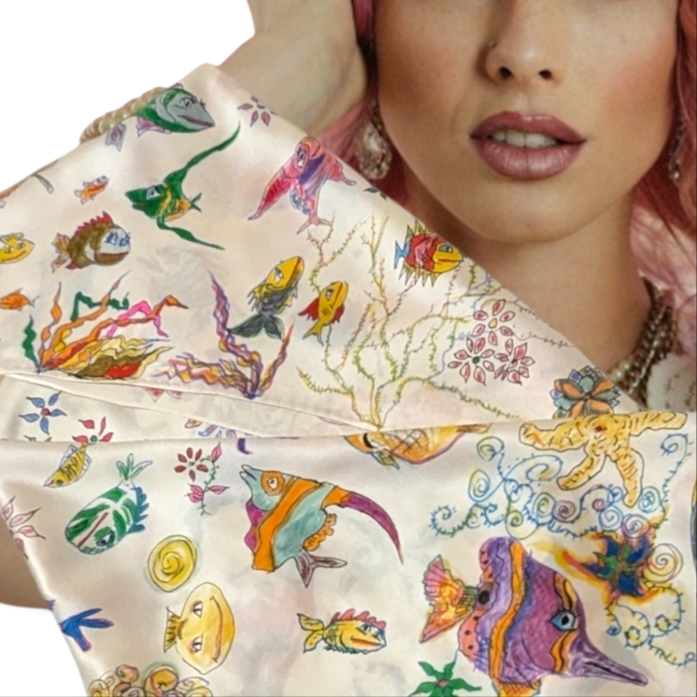 Hand painted signed silk/Satin scarf tropical fish one of a kind Original Spring - Picture 11 of 16